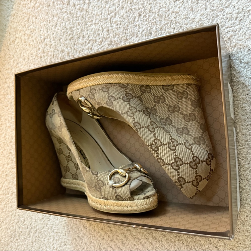 Gucci Brown Monogram Peep-Toe Wedge Espadrilles - Picture 3 of 12